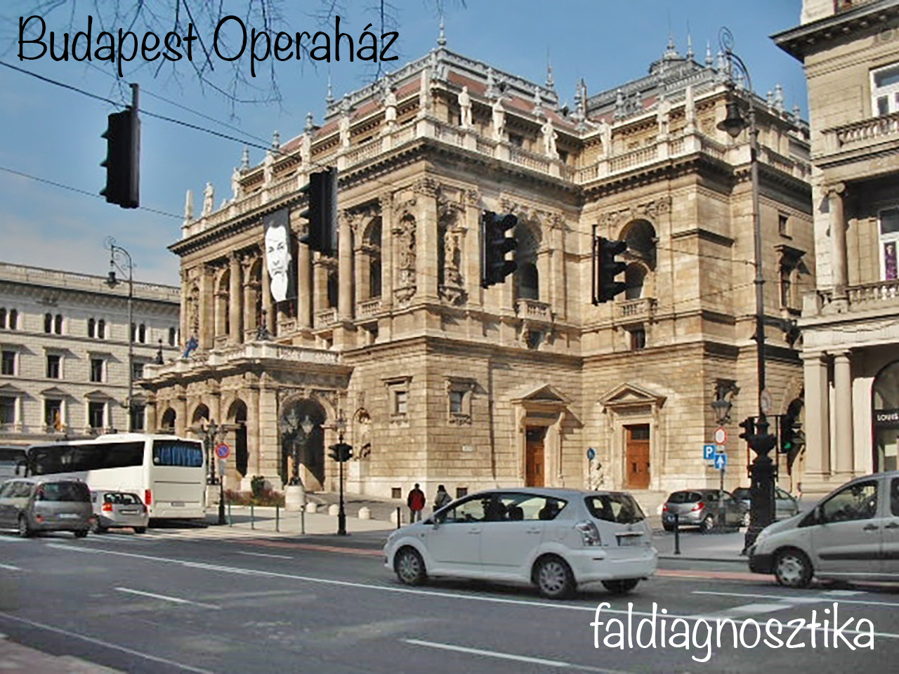 Budapest Opera House facade viewed across a busy street with overlaid diagnostic text.