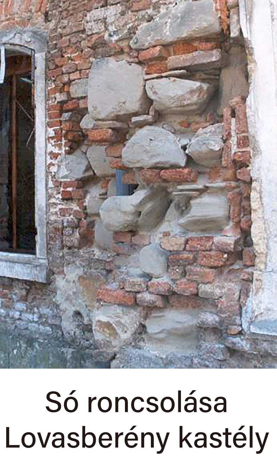 Damaged brick and stone wall at Lovasberény Castle with missing masonry from salt deterioration.