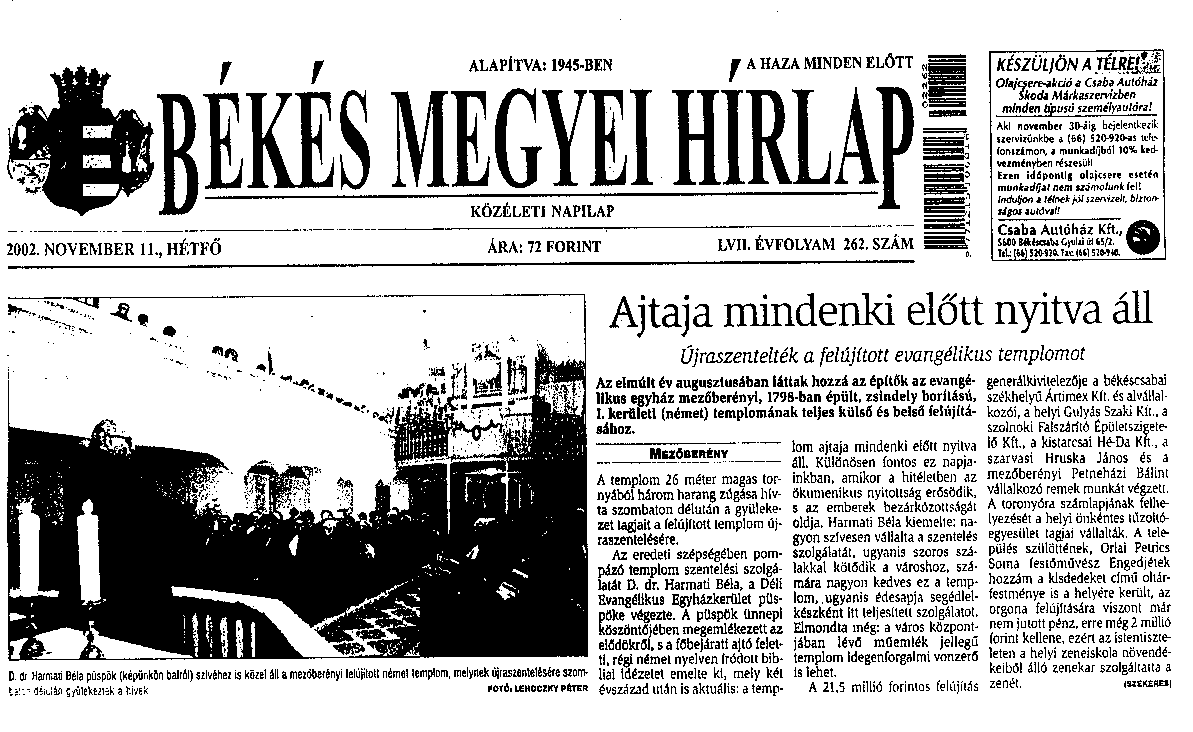 Békés Megyei Hírlap article about a restored evangelical church