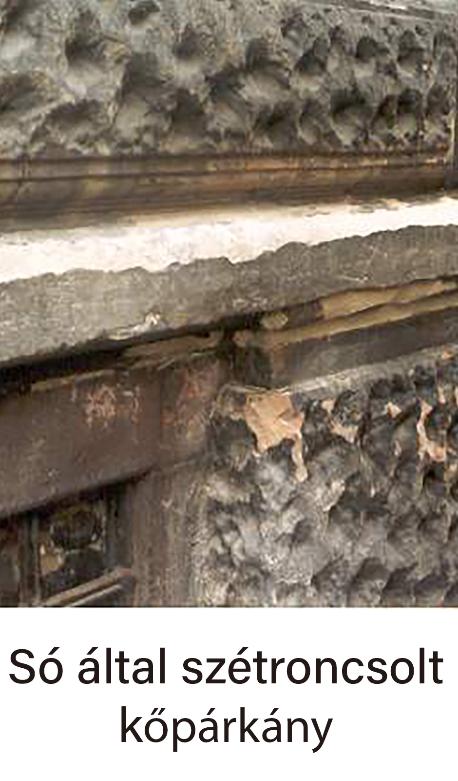 Salt-damaged stone ledge and deteriorated masonry wall
