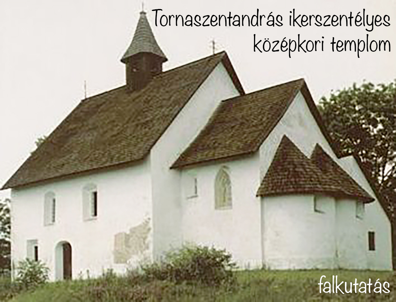 White twin sanctuary medieval church at Tornaszentandrás with steep tiled roofs.