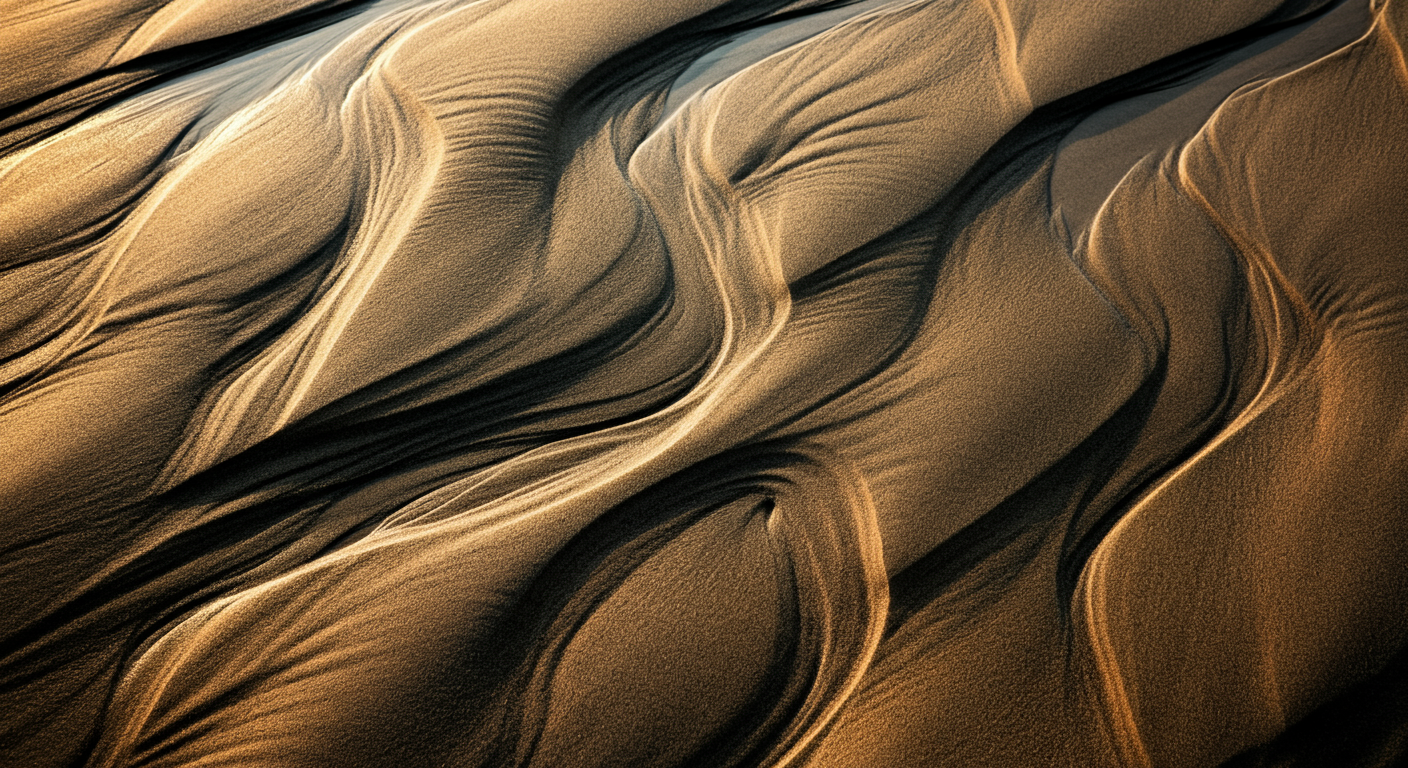 The image shows a dark, textured surface crossed by sweeping, layered bands in black, tan, and muted gold. Fine grain-like lines follow the curves and form ridges and valleys. The pattern fills the frame.