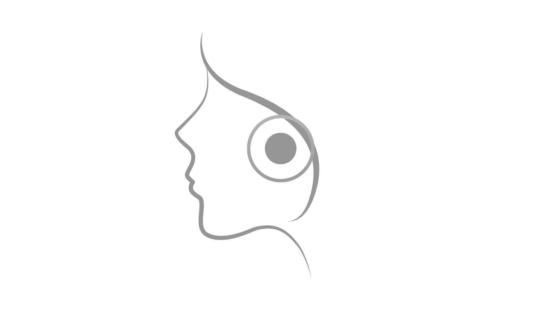 A simple gray line drawing of a human head in left-facing profile appears on a white background. A large outlined circle sits at the side of the head, with curved lines tracing the skull, face, and neck. The graphic uses neutral-gray strokes and leaves open white space around it.
