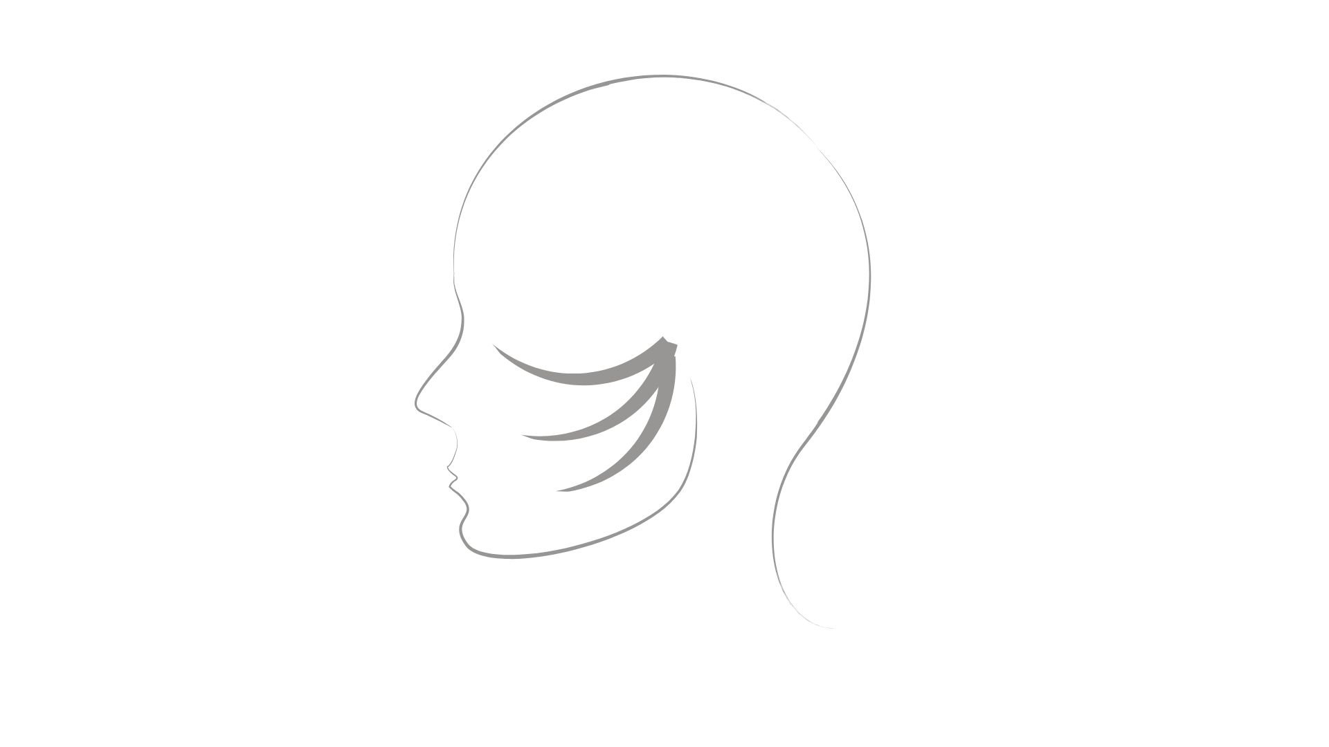A minimalist gray line drawing shows a human head in left-facing profile on a white background. Three curved gray strokes cross the cheek area and extend toward the rear of the head. The graphic contains no text and leaves wide white margins around the profile.