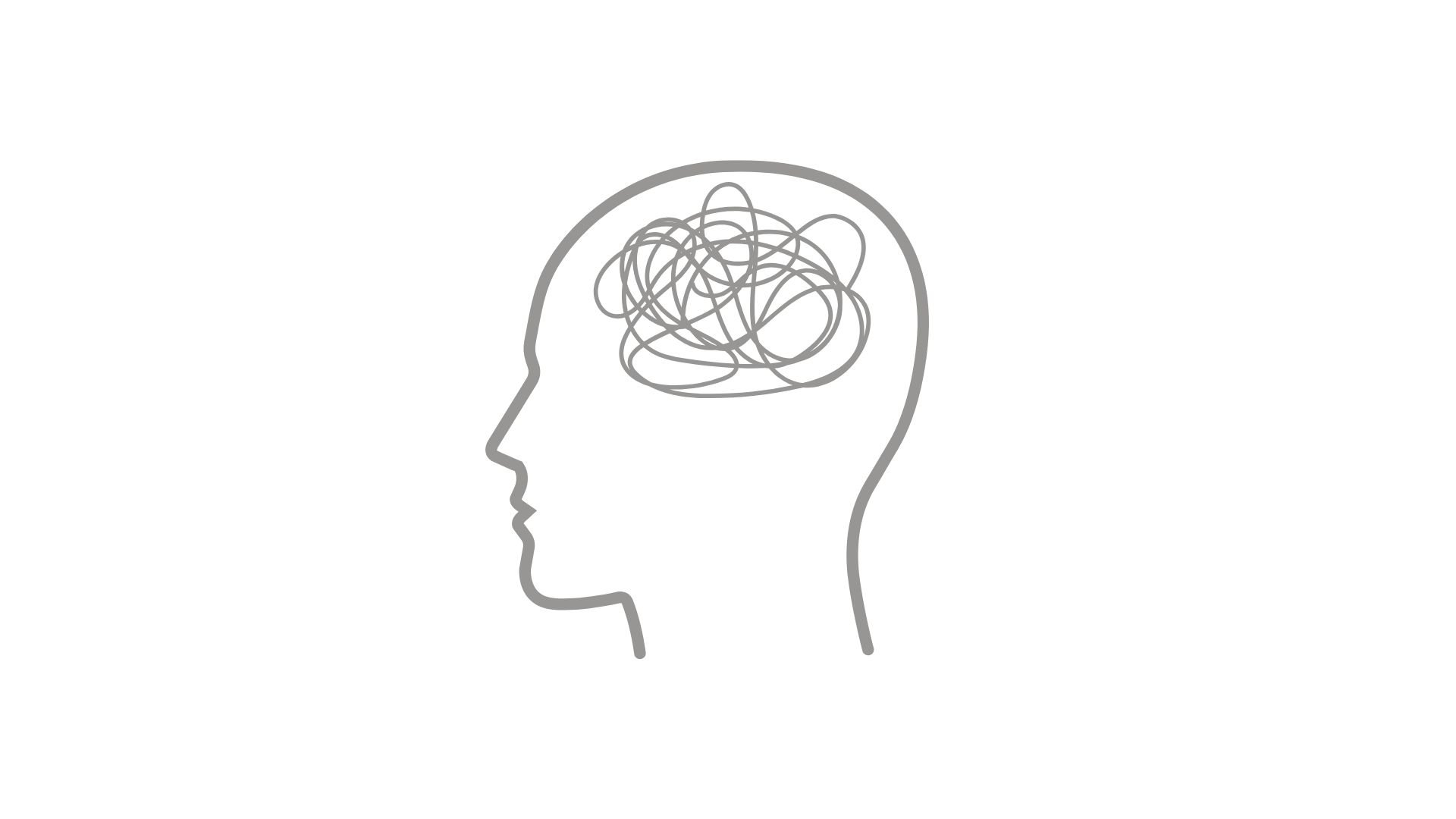 A gray outline drawing shows a human head facing left in profile on a white background. A tangle of overlapping loops fills the upper interior of the head, above the face and neck outline. The simple graphic contains no text and uses neutral-gray strokes.