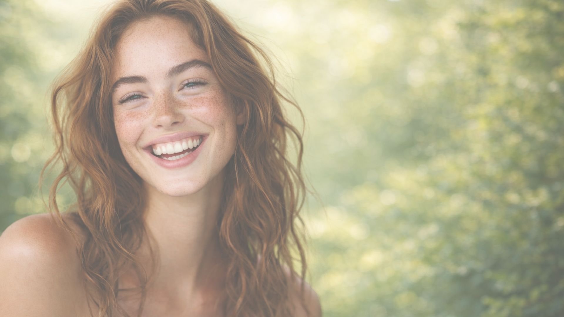A close portrait shows a smiling woman with long, wavy auburn hair and freckles. Her face fills the left and center of the frame, with a softly blurred green outdoor background. Bright diffuse light falls across her face and hair.