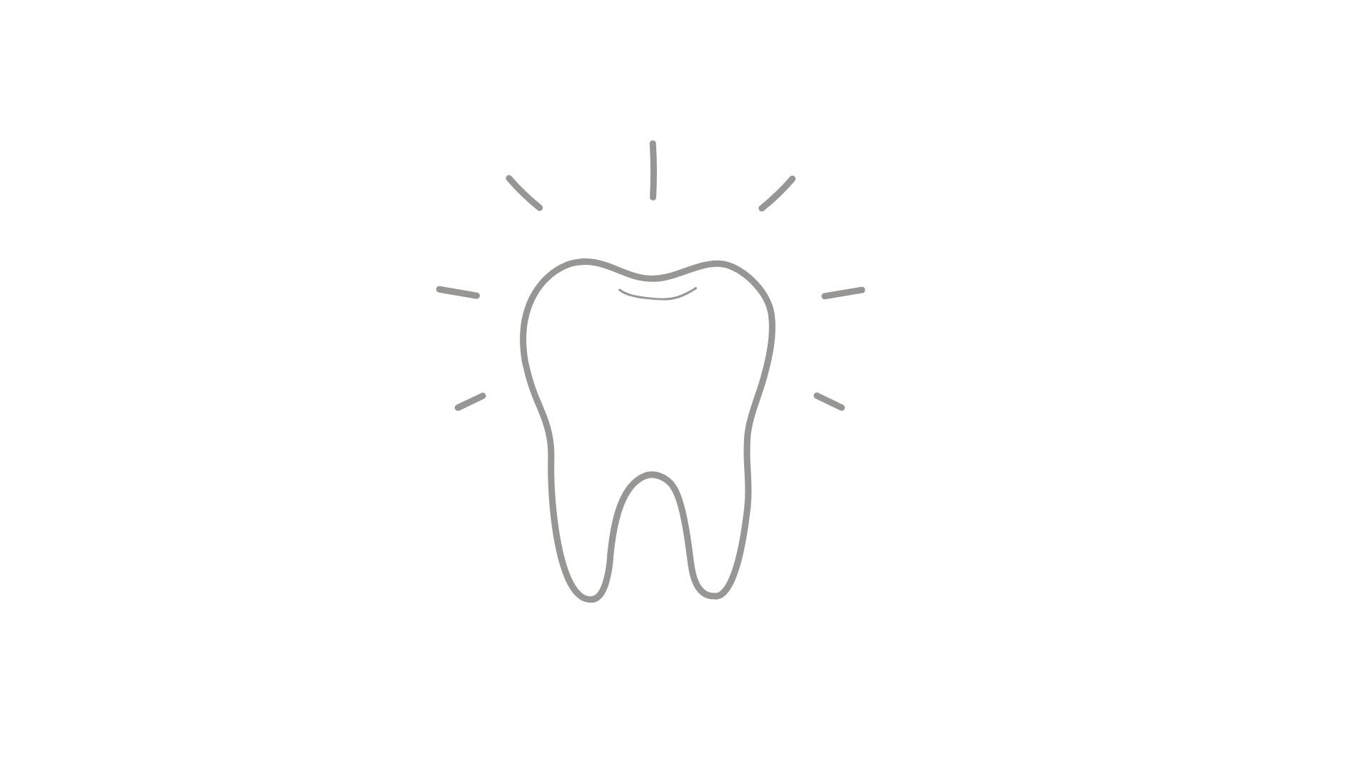 A gray outline of a tooth is centered on a white background, with short straight rays arranged around it. A small curved line marks the top portion of the tooth. The icon uses thin neutral-gray strokes and contains no text.