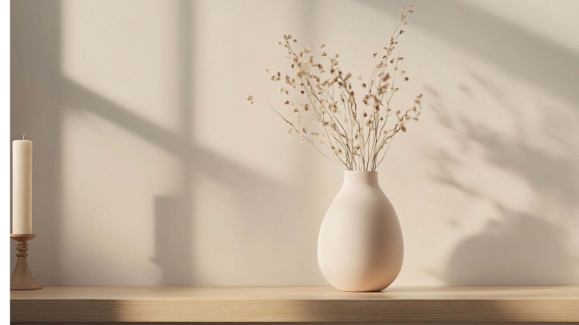 A pale ceramic vase sits on a wooden shelf, holding thin dried stems with small leaves. A tall candle stands at the far left, while window-shaped shadows fall across the beige wall behind the objects. Warm light gives the still life a soft neutral palette.