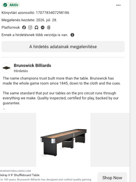 Brunswick Billiards saját márkájú Meta hirdetése, Delray II shuffleboard asztal, 1845 óta hivatkozással