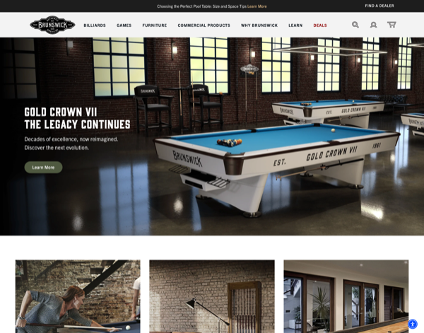 Brunswick Billiards weboldala, Gold Crown VII hero és Find a Dealer navigáció