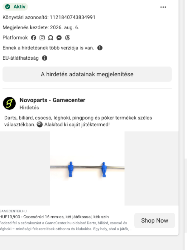 Gamecenter.hu Meta hirdetés kreatívja, csocsóasztal termékfotó áras felhívással