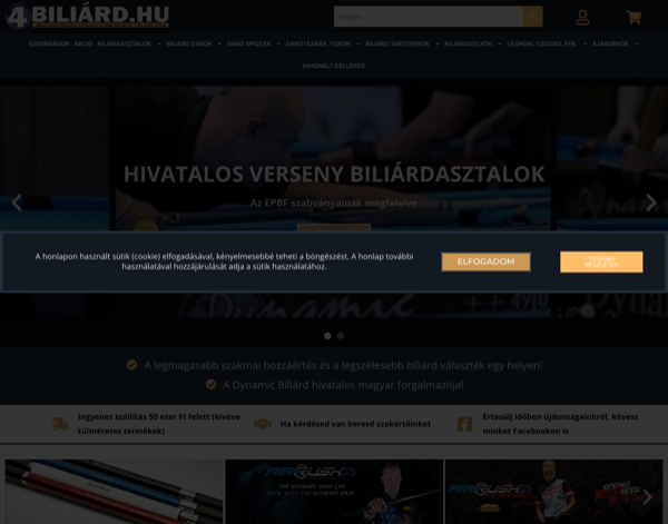 4Biliárd.hu főoldala, versenybiliárdasztal főcím és EPBF szabvány hivatkozás
