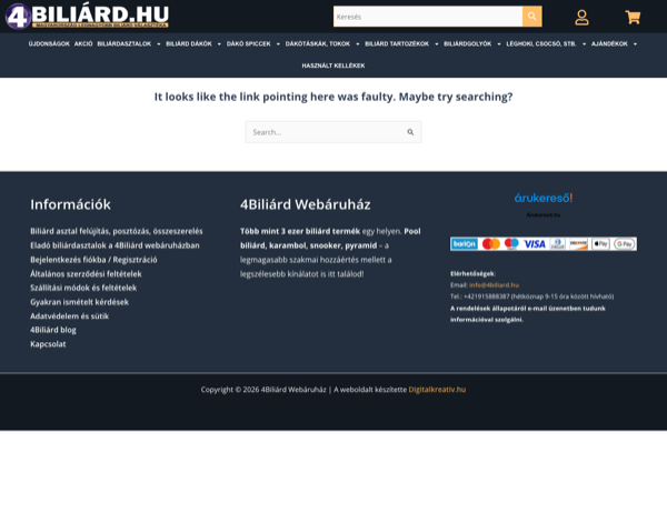4Biliárd.hu hirdetésben hivatkozott landing oldal, 404-es hibaüzenet