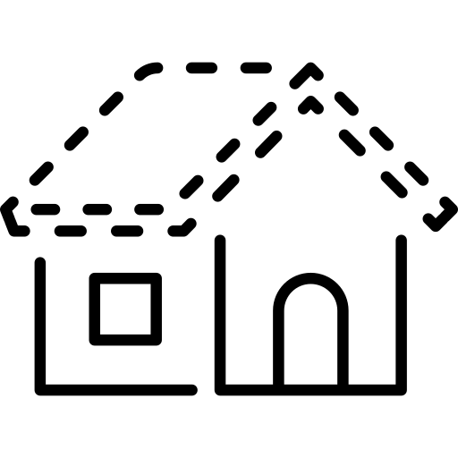A black outline icon shows two adjacent simple building outlines, one with a square opening and one with an arched opening. Dashed dimension or construction lines run over and between the outlines, including angled lines leading upward. The icon is centered on a solid muted green square background, with no legible text.