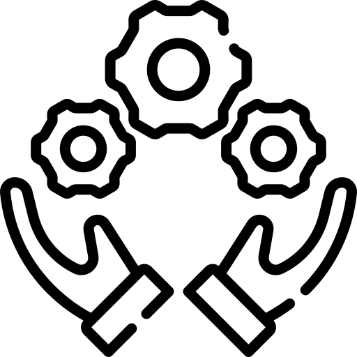 A black outline icon shows three interlocking gear shapes above two raised open hands. The gears are arranged in a triangle, with one larger gear at the top and two smaller gears below. The hands rise from the lower corners against a solid muted green square background, with no legible text.
