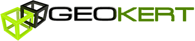 A wide, shallow logo is shown on a transparent background. On the left is a lime-green outlined three-dimensional cube-like geometric mark with black and dark-gray upper faces. To its right, the uppercase word "GEOKERT" appears in large outlined lettering, with "GEO" in black and "KERT" in bright lime green. No people, setting, or action are visible.