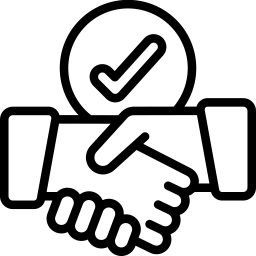 A black outline icon shows two forearms in cuffs meeting in a handshake across the lower half of the square. A circular outline with a check mark sits behind the hands, and the composition uses a solid muted green background. No legible text is visible.