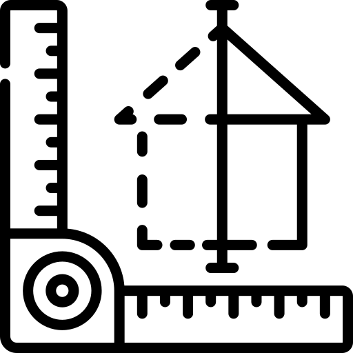 A black outline icon shows a measuring tape on the left and a horizontal ruler along the bottom, arranged around a simple house outline. Dashed measurement guides cross the house and connect to the measuring tools. The image uses thick black lines on a solid muted green square background, with no legible text.