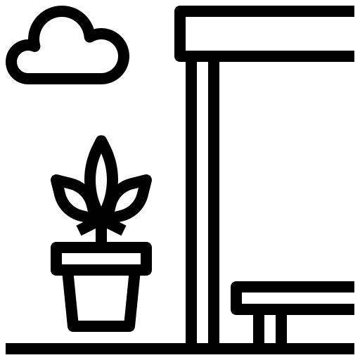 A black outline icon shows a potted plant on the left beside a tall vertical frame with a projecting upper slab and a small lower rectangular element. A small cloud is positioned above the plant. The elements are arranged across a solid muted green square background, with no legible text.