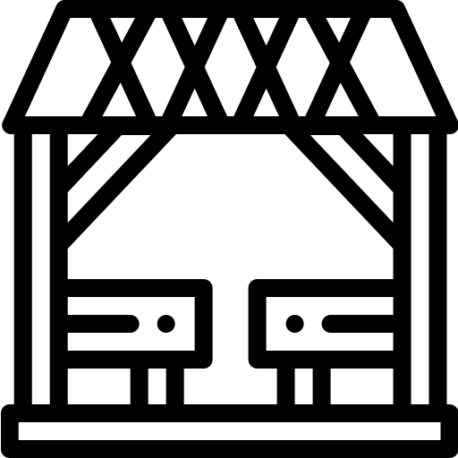 A black outline icon shows an open roofed structure with a lattice-like top, four vertical supports, and two rectangular seats or tables beneath it. The roof spans most of the upper half, while a thick horizontal base line anchors the composition at the bottom. The icon is centered on a solid muted green square background, with no legible text.