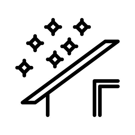 A black outline icon shows a long sloped roof or panel form with several diagonal inner stripes. Five diamond-shaped snowflake-like marks appear above it, and a short vertical support is visible below the slope. The image is black on a solid muted green square background, with no legible text.