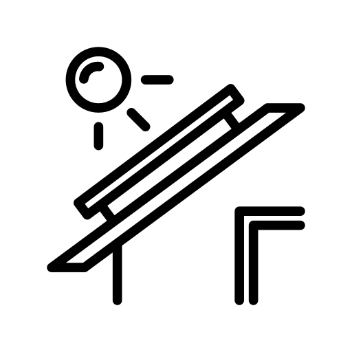 A black outline icon shows a diagonal rectangular panel or slatted surface crossing the center, with parallel internal bars and a narrow support below. A circular shape with short rays appears above left, and a second angular outline sits to the right of the panel. The elements are black on a solid muted green square background, with no legible text.