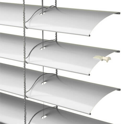 Several pale gray-white horizontal curved slats are shown in close-up. Vertical cords and narrow support strips run between the slats, with a chain-like cord along the left side. The background is white, and the framing cuts off the assembly at its edges.