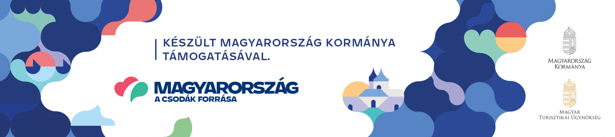 Színes absztrakt keretű támogatási banner magyar kormányzati és turisztikai logókkal.