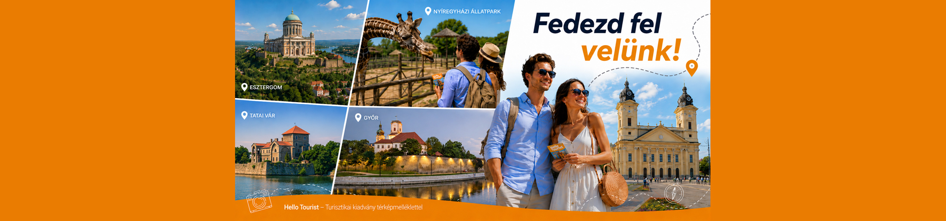 Orange tourism banner with a couple, Hungarian destination labels, and landmark photo collage.