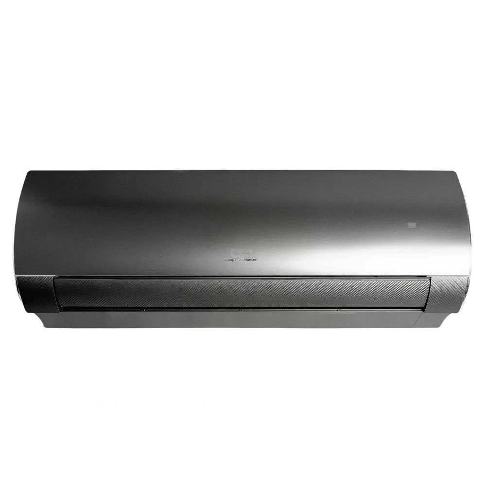 A glossy black wall-mounted air-conditioning unit is centered against a white background. The long curved front panel has a dark textured lower grille and a subtle small mark near the center. No surrounding room or accessories are shown.