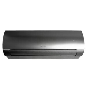 A glossy black wall-mounted air-conditioning unit is centered in a square product thumbnail. The curved front panel and dark textured lower outlet are visible against a white background. No room setting, remote, or outdoor component appears.
