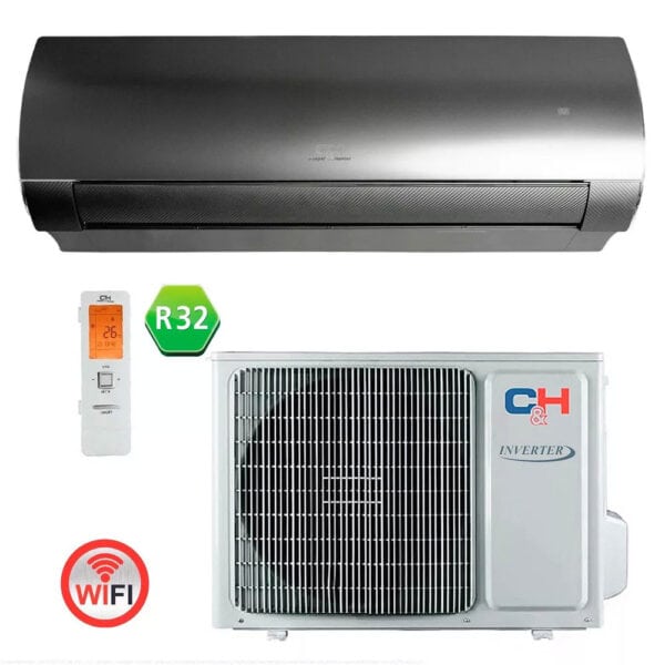 A glossy black C&H indoor unit is arranged above a matching outdoor condenser on a white background. A remote control, a green R32 badge, and a red Wi-Fi icon sit beside the condenser, which has a visible front grille and inverter marking. The product set combines black, white, green, and red graphic elements.