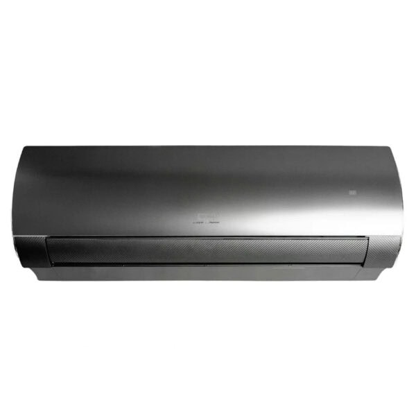 A glossy black wall-mounted C&H indoor unit is centered against a white background. The broad curved front panel and dark textured lower outlet dominate the composition. No remote or outdoor condenser is shown.