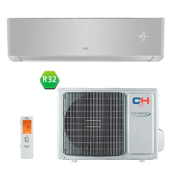 A silver-gray C&H indoor unit is positioned above a matching outdoor condenser on a white background. A small remote control appears to the left, and a green R32 badge is placed between the two units. The condenser includes a front grille, C&H branding, and an inverter label.