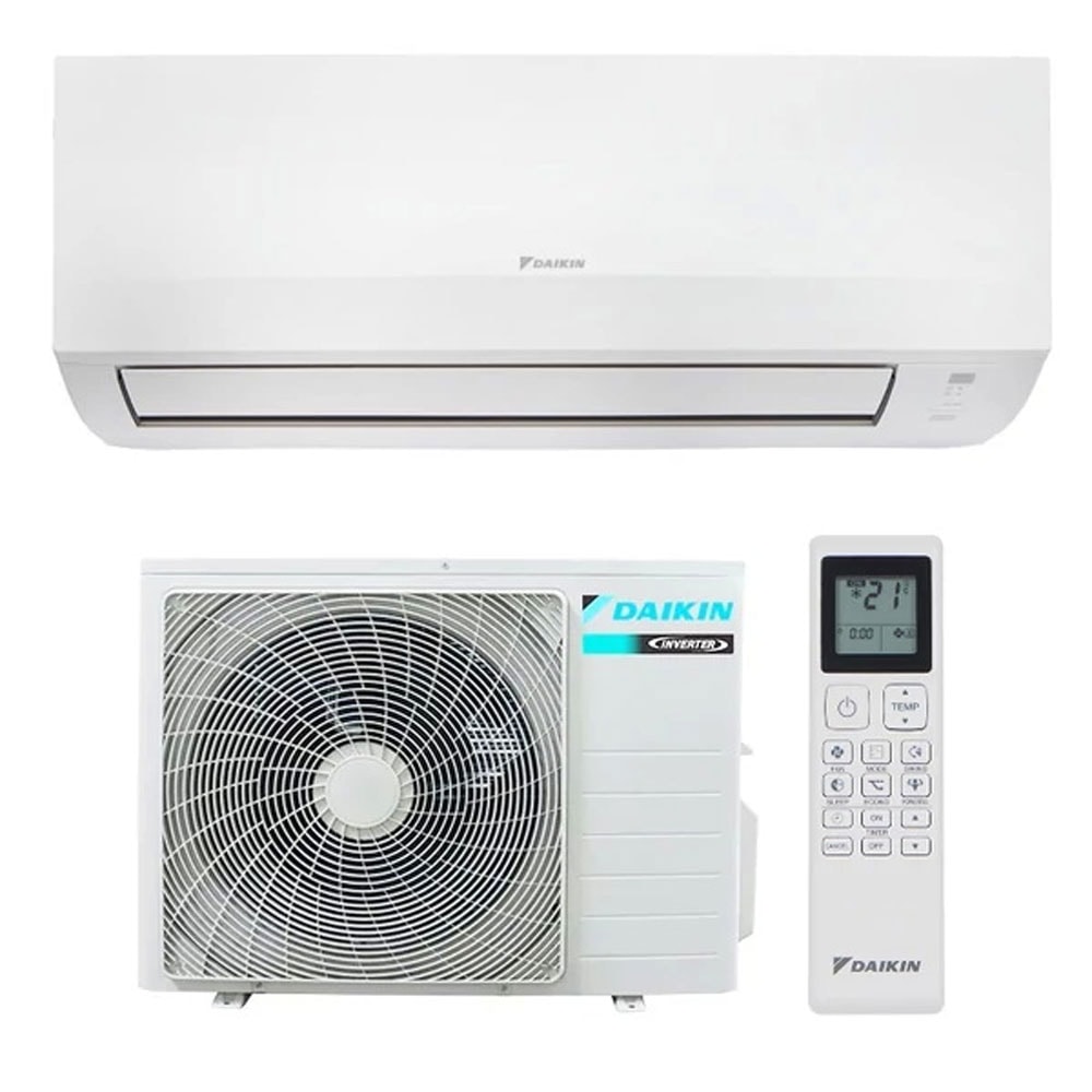 A white Daikin indoor unit is positioned above a matching outdoor condenser. A white remote control with a dark display appears to the right of the condenser, and the outdoor unit carries a blue-green Daikin mark. All objects are isolated on a plain white background.