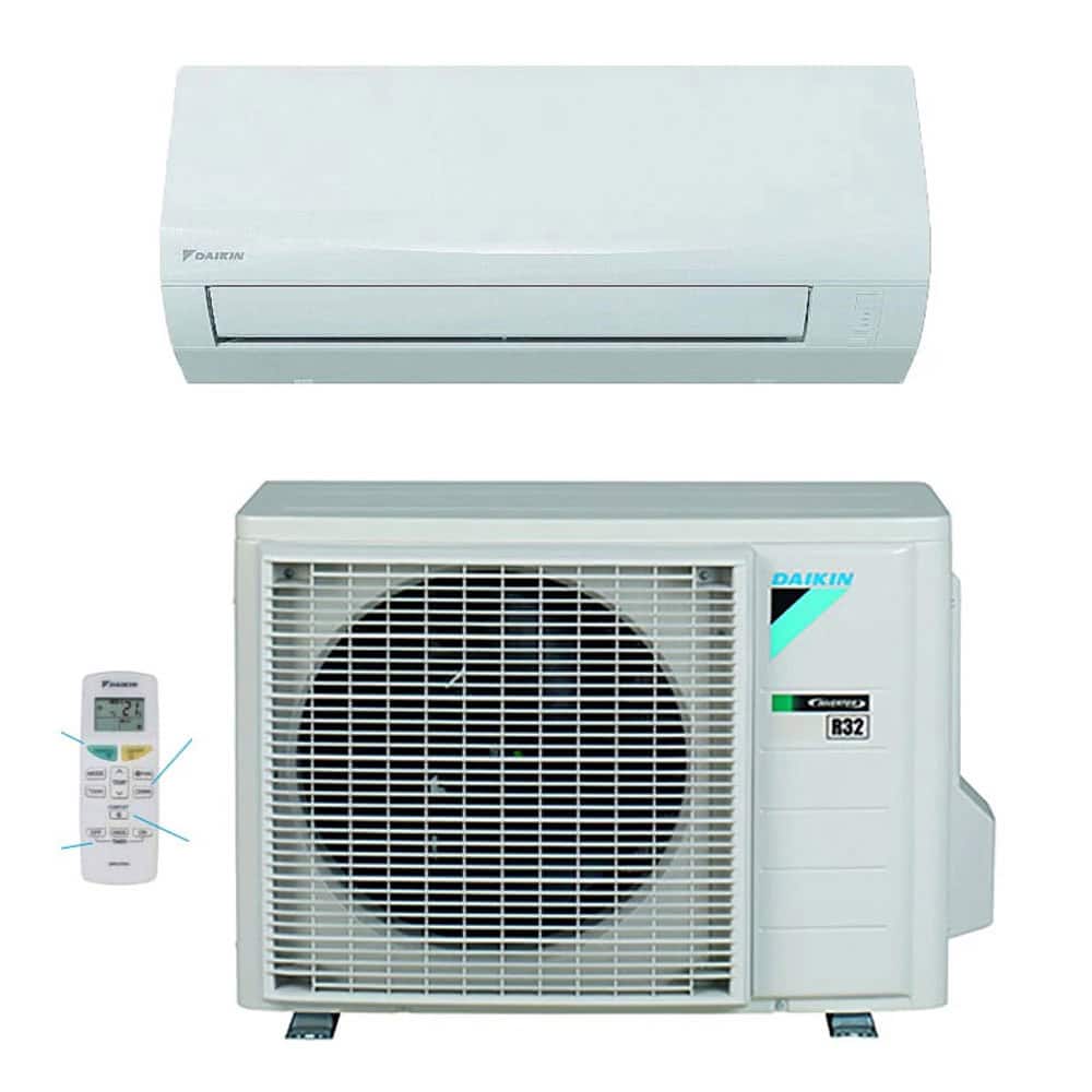 A white Daikin indoor unit and a square outdoor condenser are arranged one above the other. A small remote control is placed to the left of the condenser, with colored arrows and an R32 label visible on the outdoor unit. The product composition sits on a white background with blue-green and black details.