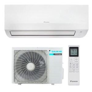 A white Daikin indoor unit is arranged above a matching outdoor condenser in a square product thumbnail. A white remote control with a dark display stands to the right of the condenser. The outdoor grille and blue-green branding are clearly visible against white.