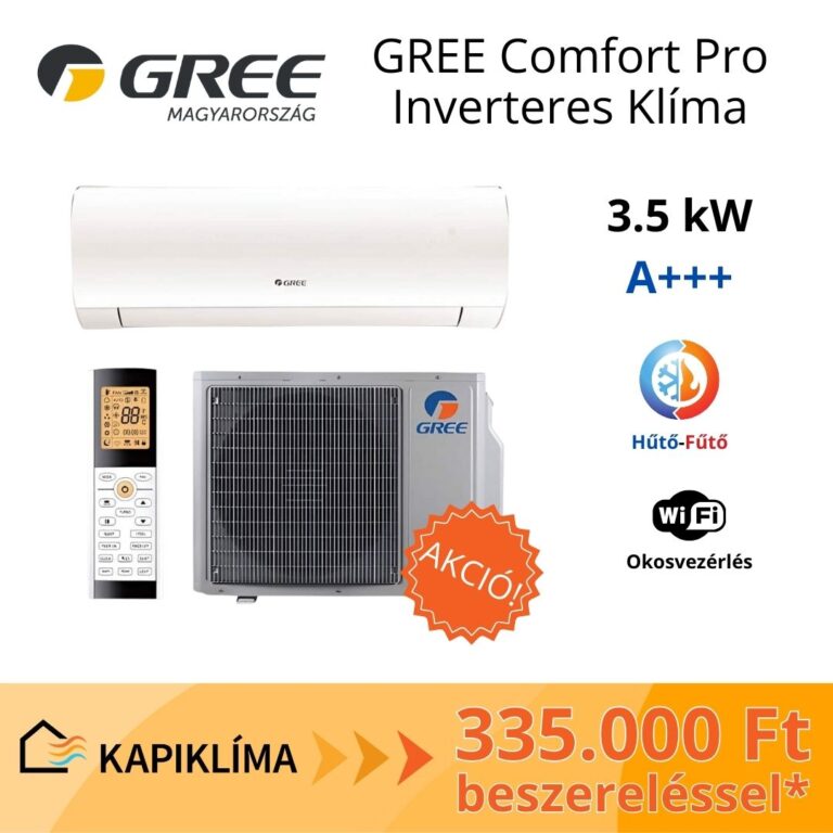 A white Gree indoor air-conditioning unit is shown above a matching outdoor condenser on a white background. A black-and-white remote control sits to the left of the condenser, and the graphic contains large product text, a heating-and-cooling symbol, an orange sale badge, and a price strip. The layout is a centered retail advertisement with strong black, blue, orange, and yellow elements.