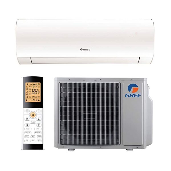 A white Gree indoor unit appears above a matching outdoor condenser on a pale gray square background. A remote control with an orange display is positioned to the left of the condenser. The outdoor grille and Gree logo provide the darkest visual detail in the otherwise light product shot.