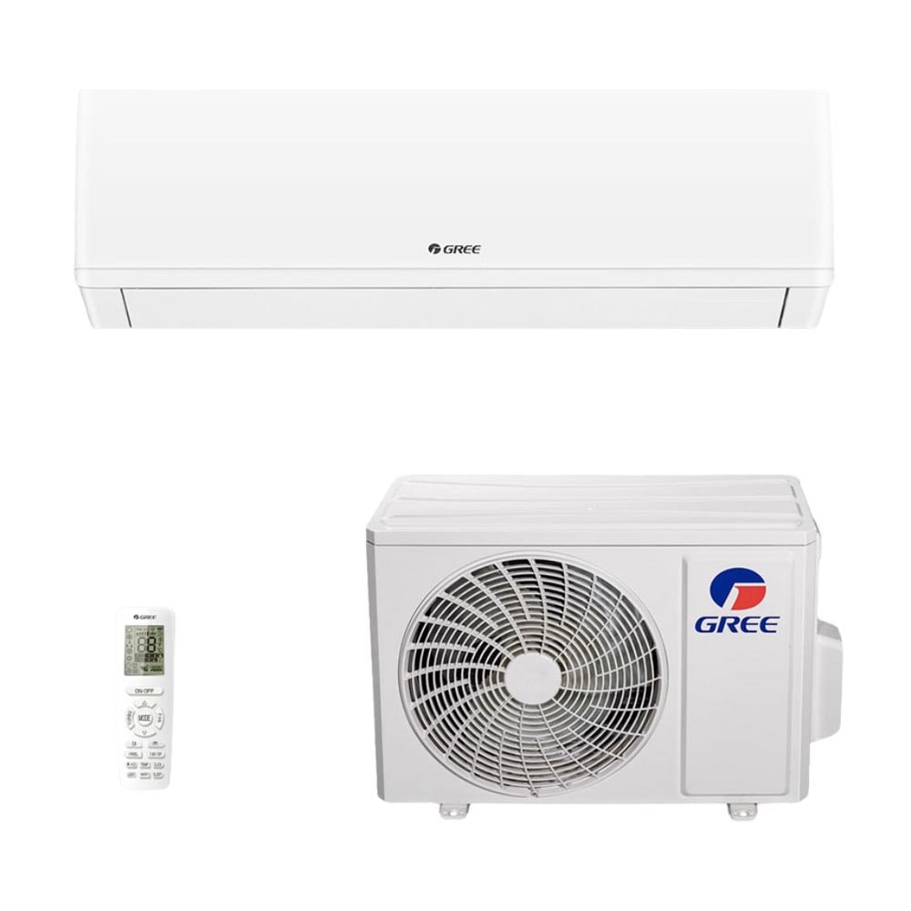 A white Gree indoor unit is positioned across the upper half of a white square image. A matching outdoor condenser and a small remote control are placed below it. The product arrangement is isolated on a plain white background with generous empty space.