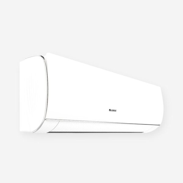 A white Gree indoor unit is shown from a three-quarter angle on a pale gray background. The front panel, curved left edge, and lower outlet are visible, with a small Gree mark near the center. No outdoor unit or remote appears.