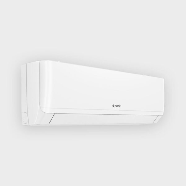 A white Gree wall-mounted indoor unit is shown in a three-quarter perspective against a pale gray background. The rounded front housing and lower outlet are visible, with the Gree mark centered on the panel. The image presents only the indoor unit and no accessories.