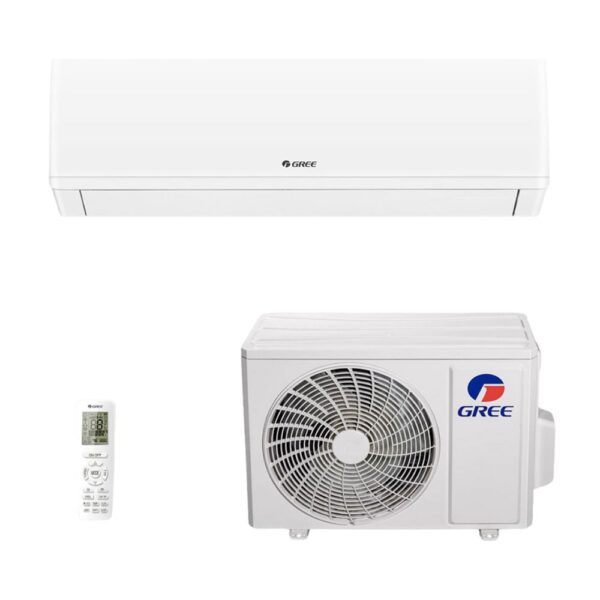 A white Gree indoor unit is positioned above a matching outdoor condenser on a white square canvas. A small remote control appears to the left of the condenser. The centered product arrangement leaves ample blank space around the three objects.