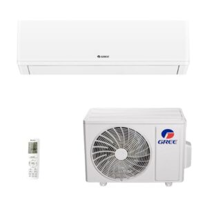 A small square product image shows a white Gree indoor unit above a matching outdoor condenser. A small remote control is placed to the left of the condenser, and all objects are isolated on white. The composition is a compact product-set thumbnail.