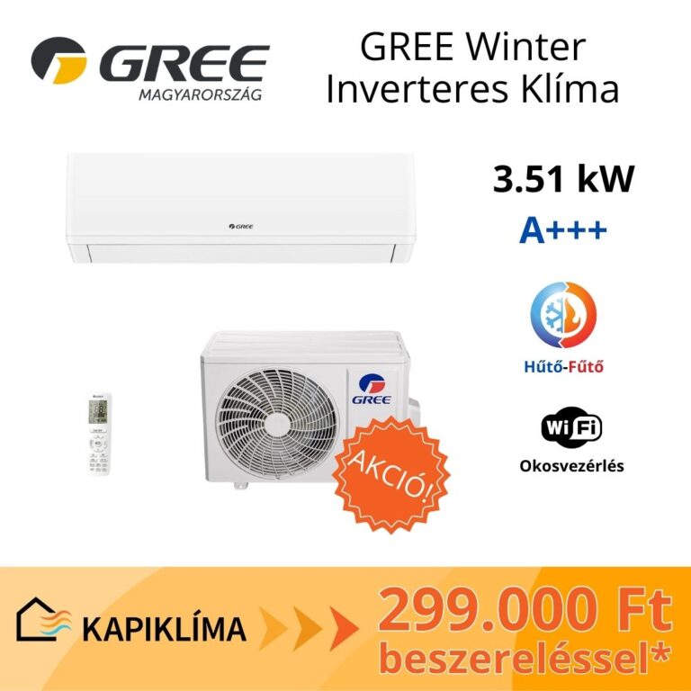 A white Gree wall-mounted indoor unit and matching outdoor condenser are arranged on a white background. A small remote control appears at lower left, while the graphic includes large Hungarian product text, energy and Wi-Fi symbols, and an orange promotional price band. The composition is a clean commercial product card with black, blue, orange, and yellow accents.