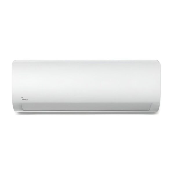 A single white Midea wall-mounted indoor unit is shown at a slight angle on a pale gray background. The rounded front panel and lower outlet are visible, with a small logo near the left. No accessories or outdoor component appear.