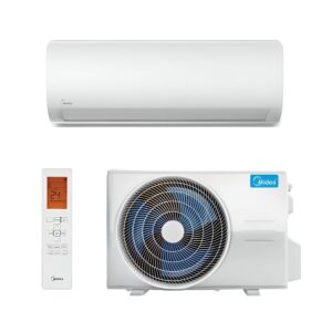 A white Midea indoor unit sits above a matching outdoor condenser in a square product thumbnail. A white remote with an orange display is placed at the left. The condenser has a blue Midea mark and a visible circular fan grille on a plain white background.