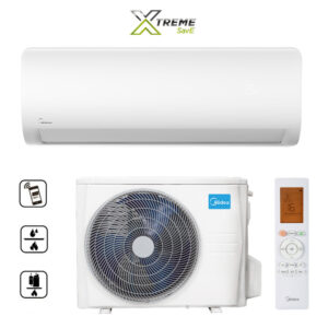 A white Midea indoor unit is shown above a matching outdoor condenser with a blue Midea mark. A remote control with an orange display stands to the right, and three small feature icons appear along the left edge. The square product graphic uses a white background and a centered stacked layout.