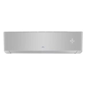 A silver-gray wall-mounted indoor unit is centered in a square thumbnail. The closed front panel has a narrow lower outlet and a small bright indicator cluster on the right. The unit is isolated on a plain white background.