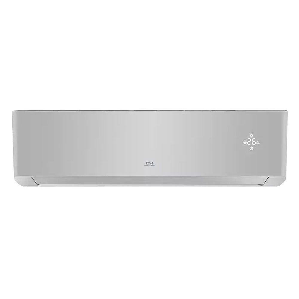 A silver-gray wall-mounted indoor air-conditioning unit spans most of the image width. Its front panel is closed, with a narrow lower outlet and a small bright display area toward the right. The unit is isolated on an untextured white background.